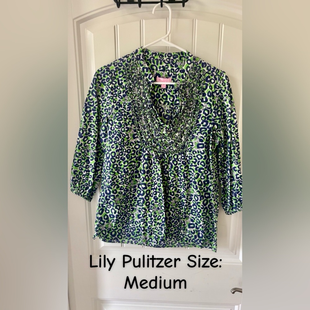 Lilly Pulitzer Vibrant Green and Blue Animal Print Blouse